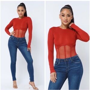 Rust Red Long Sleeve Mesh Bodysuit Top